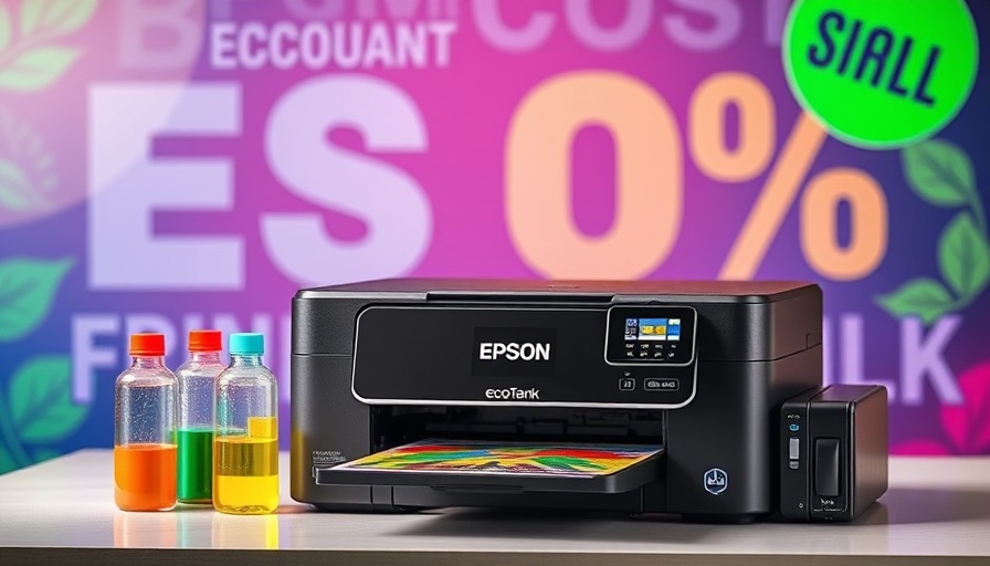 Epson EcoTank ET-2980 printer with ink bottles and vibrant sale backdrop.