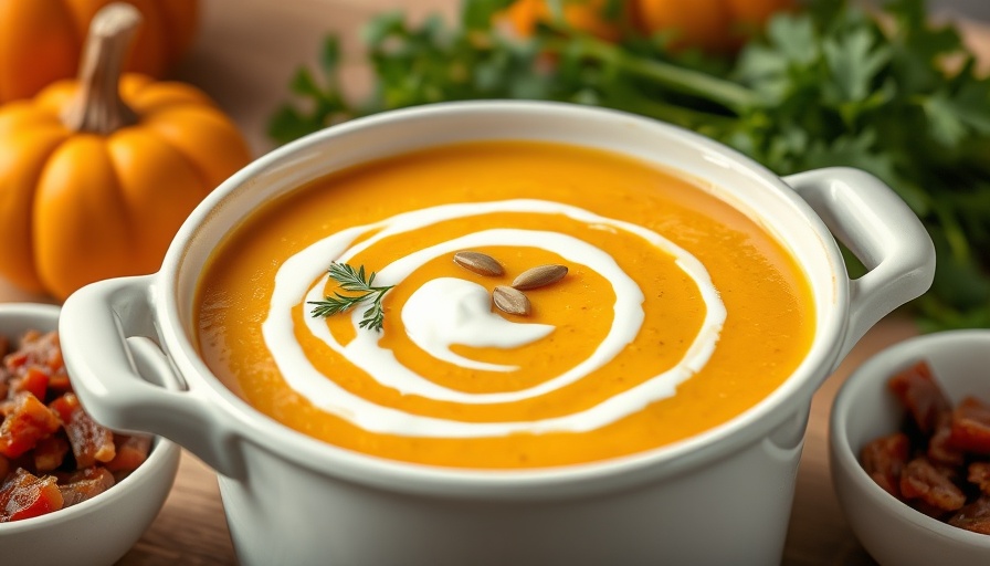 Delicious creamy pumpkin soup recipe with toppings.