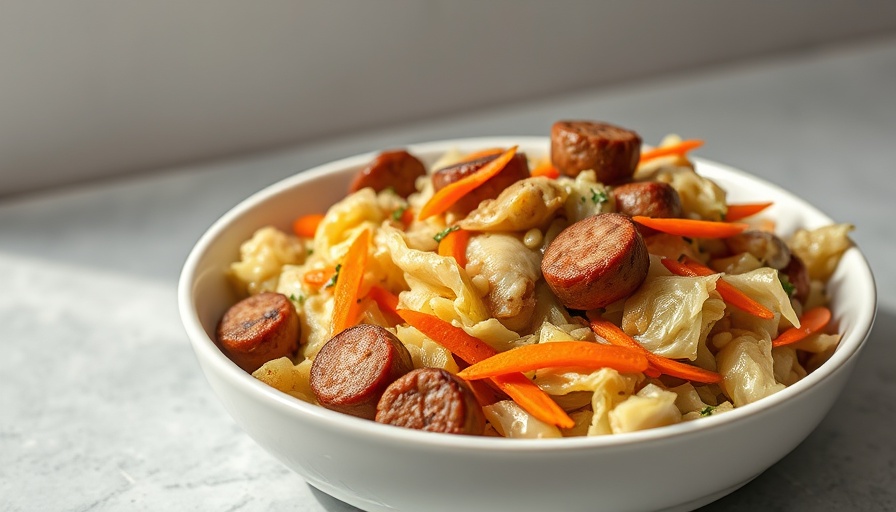 Savory cabbage and sausage skillet in a bowl, showcasing vibrant ingredients.
