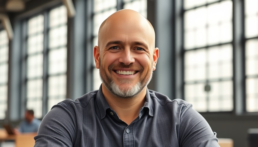 Bald man smiling in a modern office, natural light through large windows.