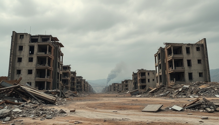 War-torn landscape with destroyed buildings and rising smoke, conflict zone.