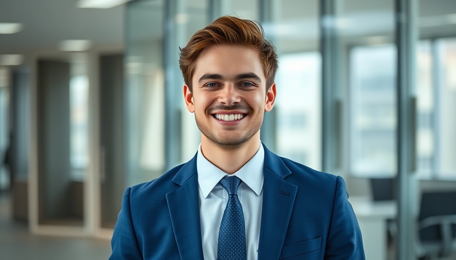 Smiling young man in a blue suit, office setting, domain acquisition strategy concept.