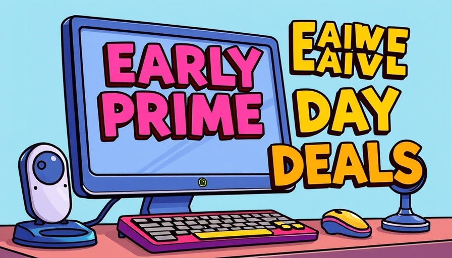 Cartoon-style image of early Amazon Prime Day deals with colorful tech setup.