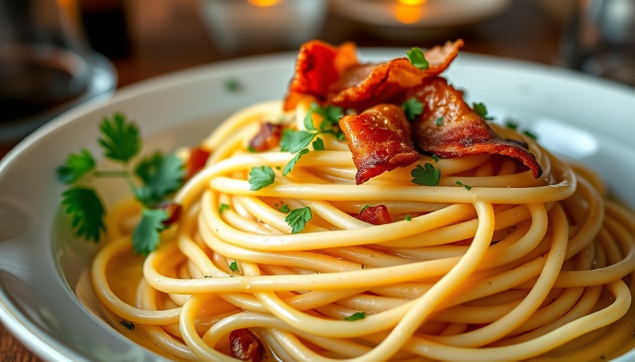 Creamy spaghetti carbonara with bacon garnished with parsley.