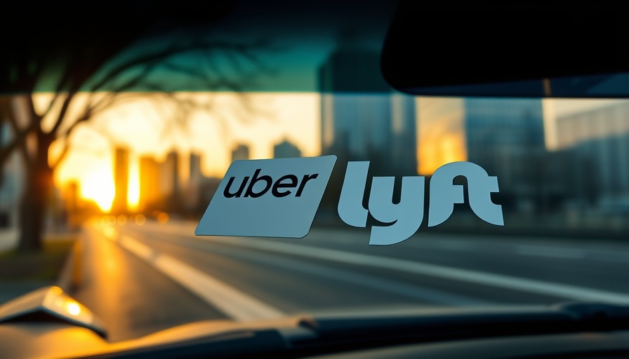 Uber and Lyft stickers on car windshield in cityscape setting.