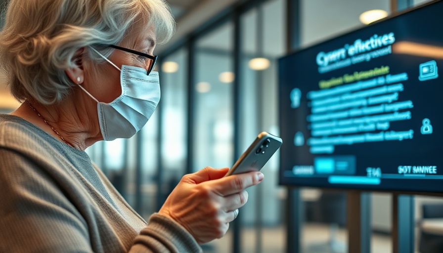 Elderly woman reads cybersecurity notice with smartphone.