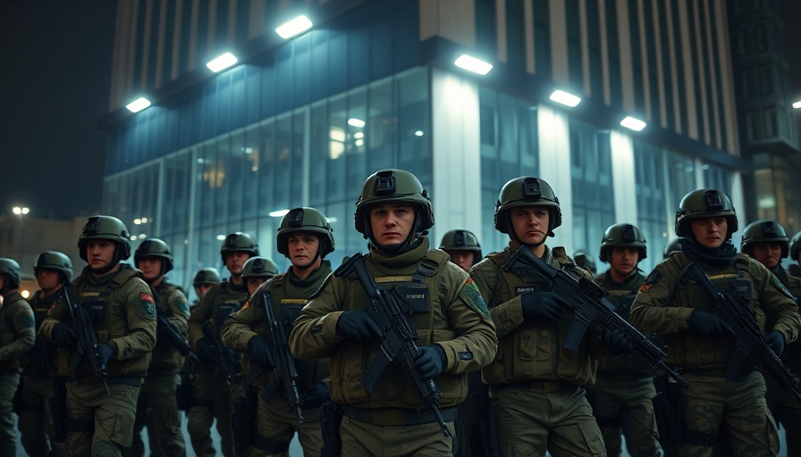 National Guard deployment outside a building at night.