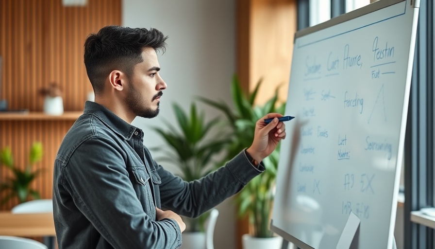 Effective onboarding manager in a modern office setting, writing on a whiteboard.