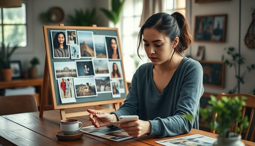 Young woman creating a vision board in a cozy, well-lit room.