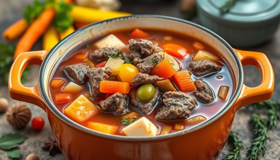 Delicious vegetable beef soup recipe in a pot.