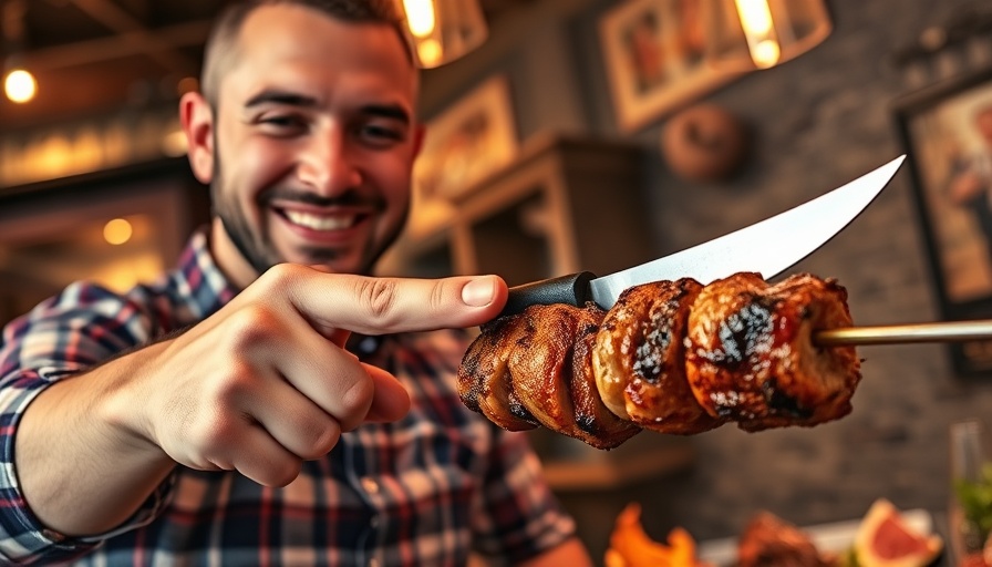 Smiling person at Brazilian steakhouse with meat skewer.