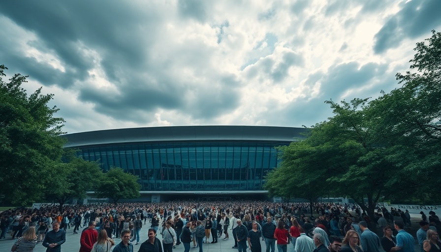 Modern stadium design with people gathering outside under cloudy sky.