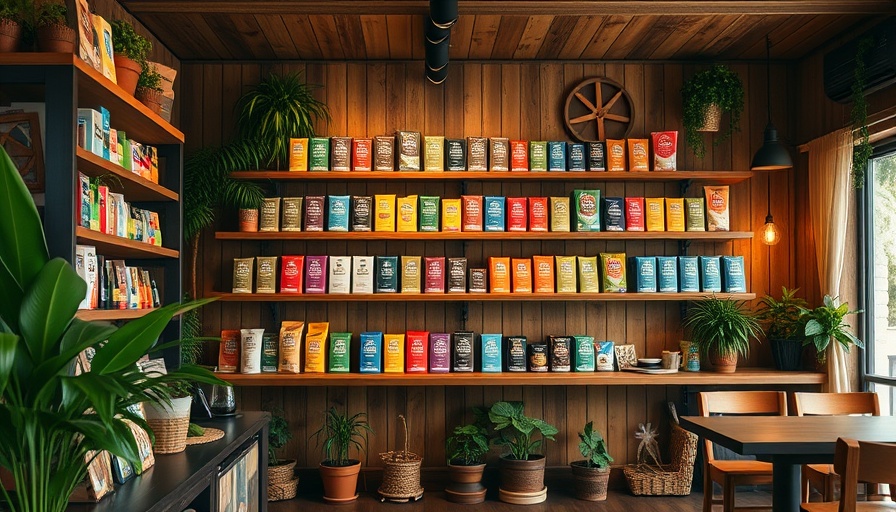 Shelf of collectable coffee packaging in cozy wooden cafe.