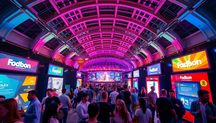 Dynamic event space with advertising booths and people socializing, showcasing a lively atmosphere.