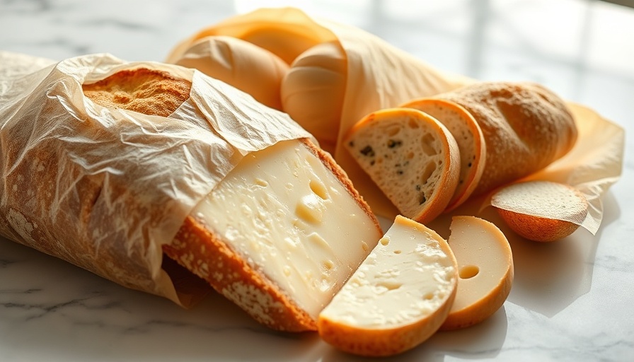 Artisan bread and cheese in beeswax wraps on marble countertop