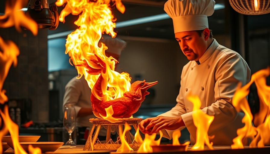 Chinese fine dining experience of chef preparing flaming Peking duck.