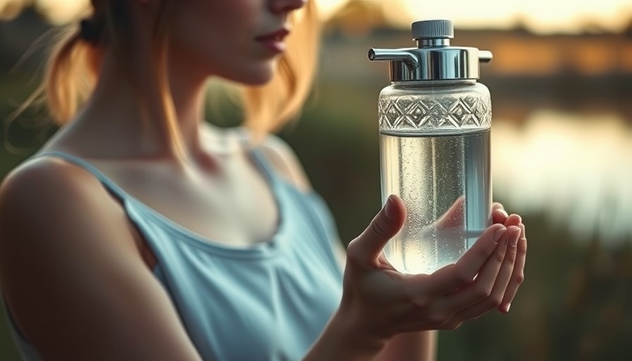 Contemplative woman with structured water device outdoors, highlighting health benefits.