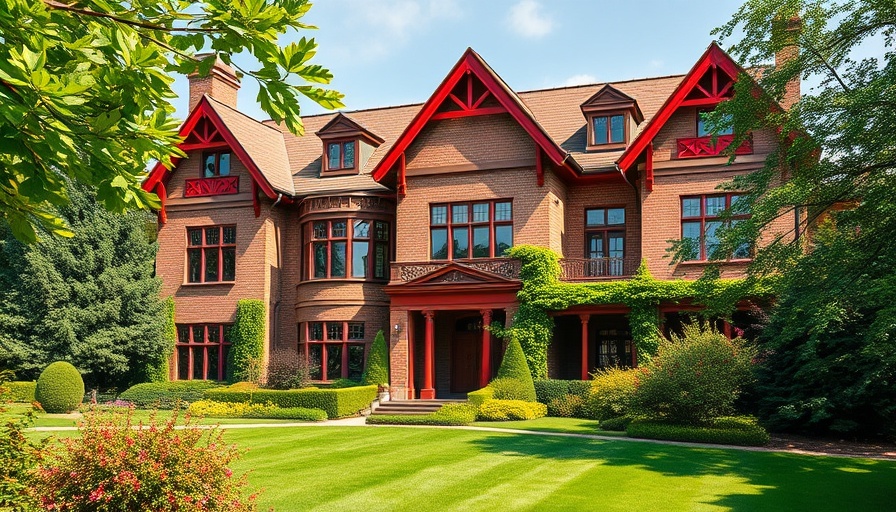 Traditional brick mansion with red accents amid lush greenery.