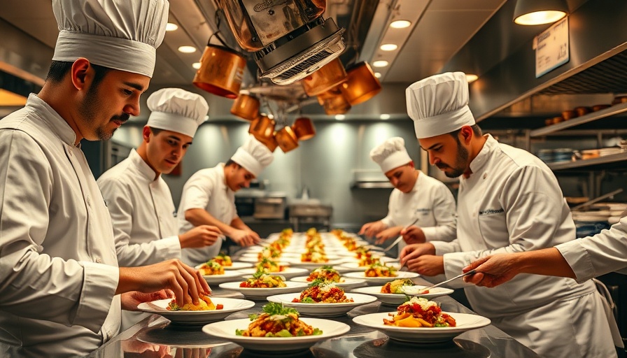 Chefs plating dishes in a Michelin-star kitchen, vibrant scene.