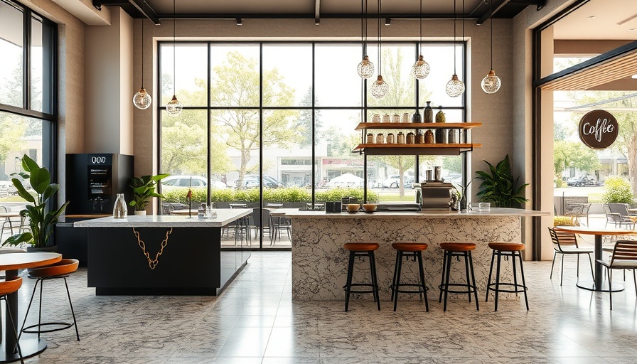 Trendy coffee shop interior with terrazzo design, natural light, greenery.