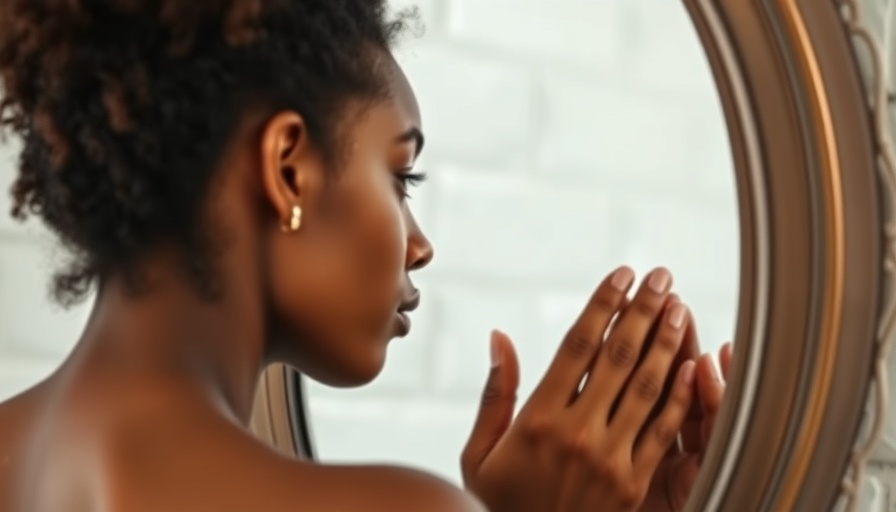 Young woman with vitiligo examining her reflection in a mirror.