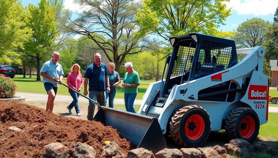 Bobcat equipment aiding community volunteers in park project.