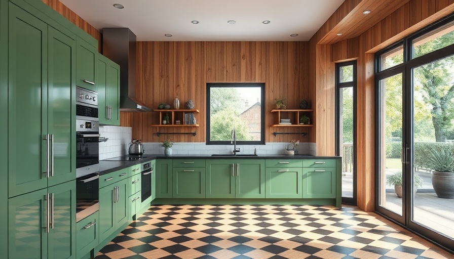 Modern kitchen with green cabinets and checkerboard floor creating space.