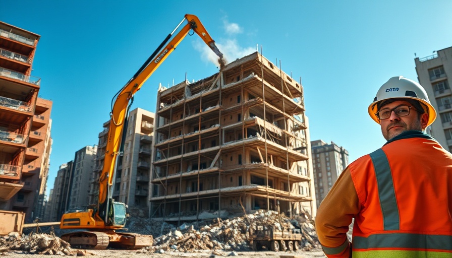 Emergency demolition scaffolding scene with excavator tearing down building.