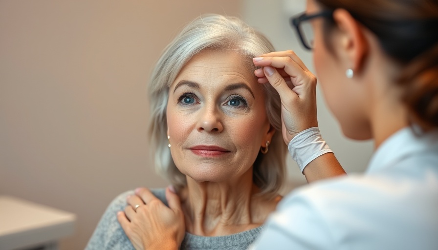 Mature woman undergoing facial assessment by the best cosmetic surgeon for face lifts, with soft background lighting.