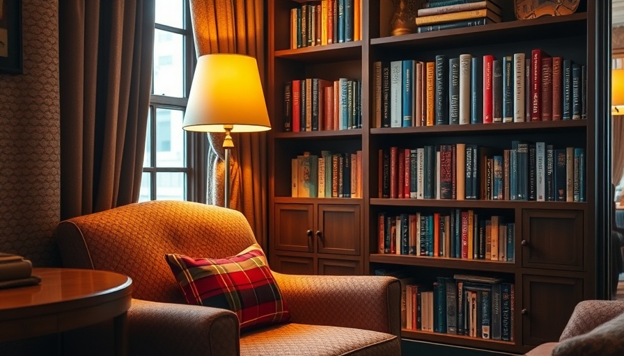 Cozy reading nook in a 5-star hotel with retro armchair and bookshelf.