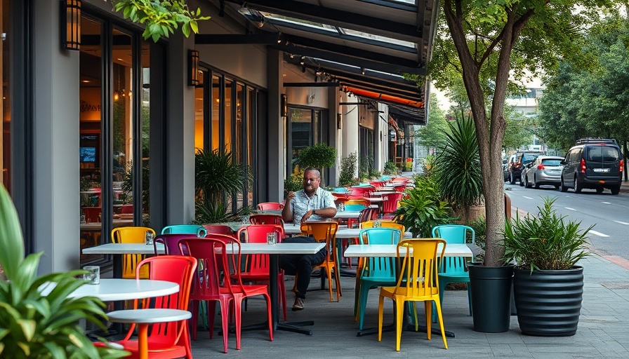 Urban outdoor dining area, evening light on colorful chairs.