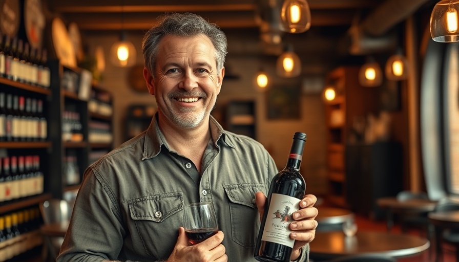 Middle-aged man at a wine bar holding two wine bottles, rustic decor.