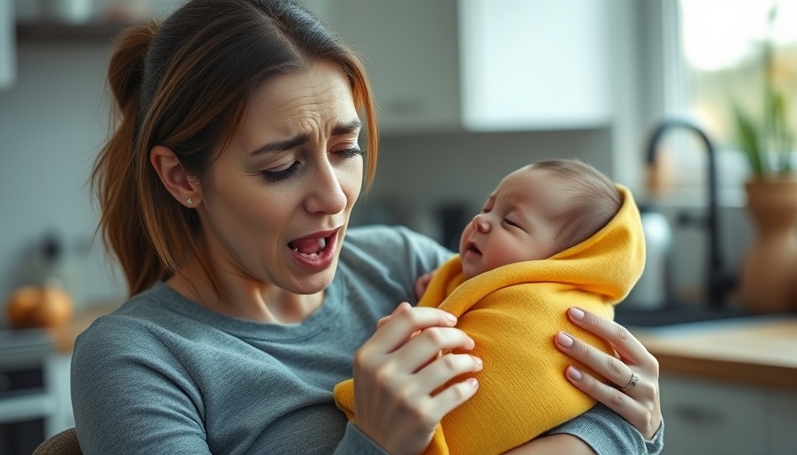 Tired mother with healthy snacks in modern kitchen.