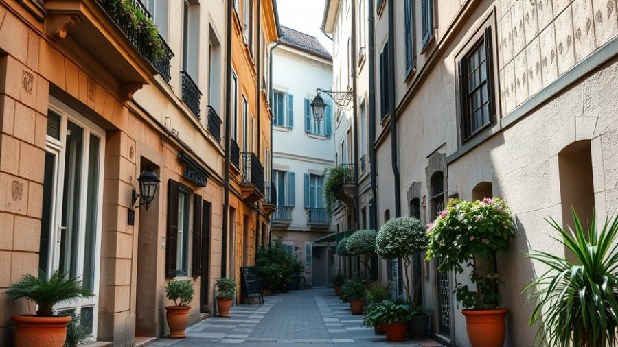 Narrow European alley with urban buildings and plants.