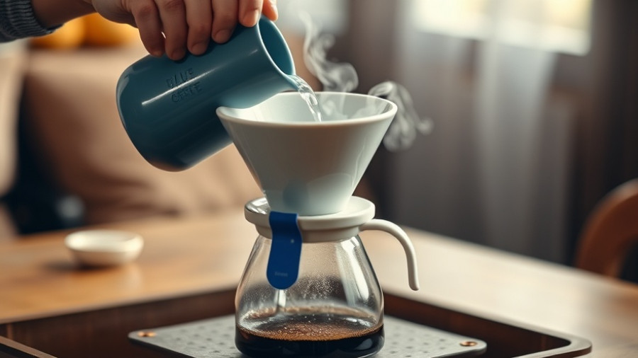 Blue Bottle Coffee pour-over setup with carbon neutrality theme.