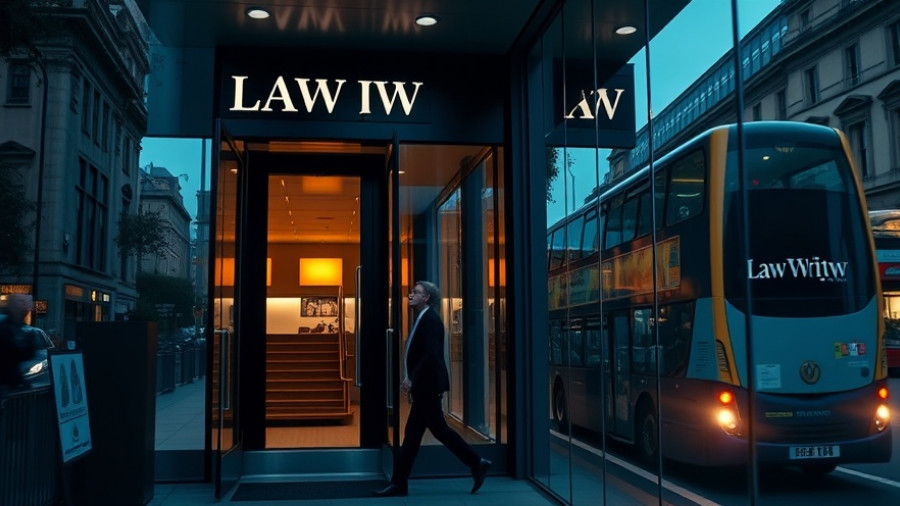 Modern law office in London with buses; AI call answering service concept.