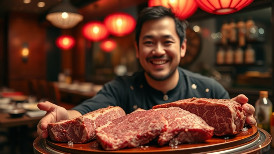 Man showcasing premium beef cuts in a Korean BBQ restaurant in Los Angeles.