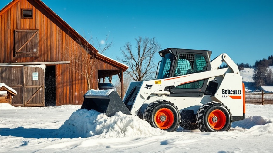 Bobcat L35 small articulated loader clearing snow near barn in mountains.