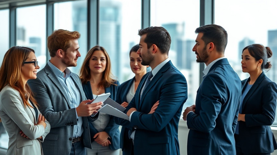 Business professionals in office meeting discussing strategy.
