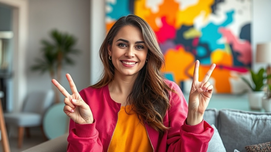 Smiling woman giving peace sign, supporting postpartum moms.