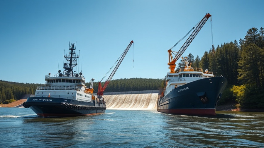 Mississippi River saltwater barrier construction with engineering vessels.