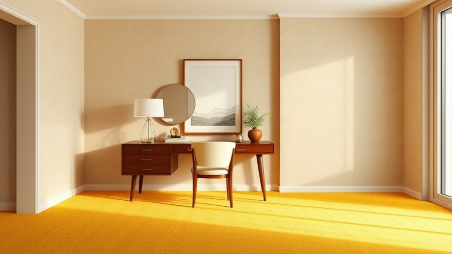 Modern desk with wall-to-wall carpet comeback in stylish room.