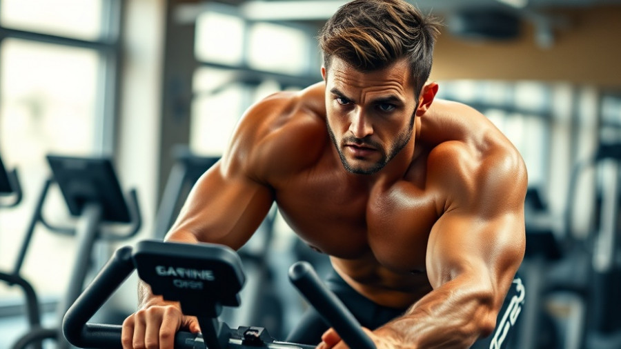 Intense athlete cycling indoors; VO₂ max calculator concept.