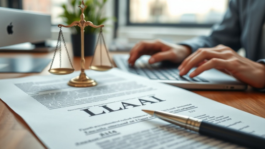 Legal document with scales of justice in a modern office setting.