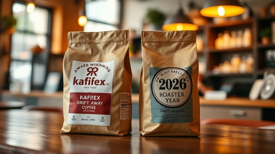 2026 Roaster of the Year winners, Kafiex and Drift Away coffee bags showcased.