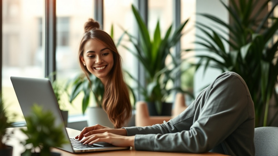 Young woman reviewing hidden online reviews in marketing, modern office.