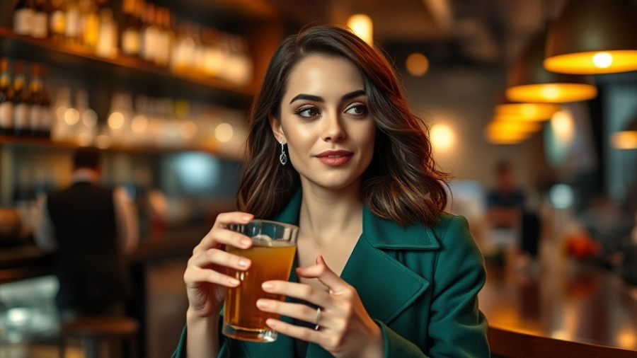Elegant woman in green coat at a chic bar, enjoying a drink.