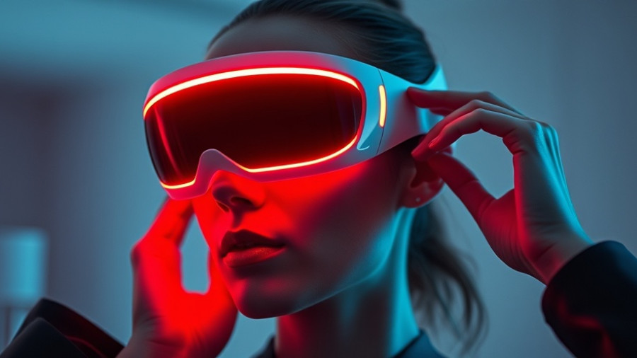 Person adjusting a red light therapy mask, dim lighting, close-up view.