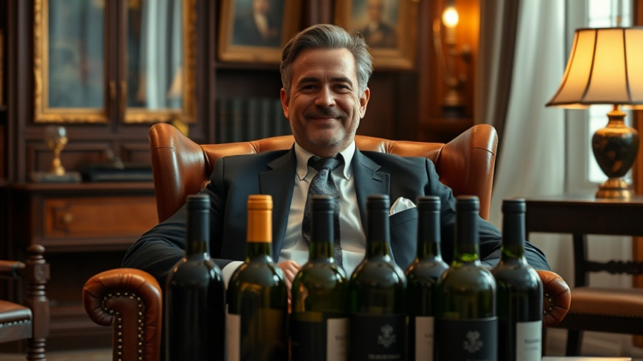 Man in leather chair with wine bottles, possibly wine investment fraud context.