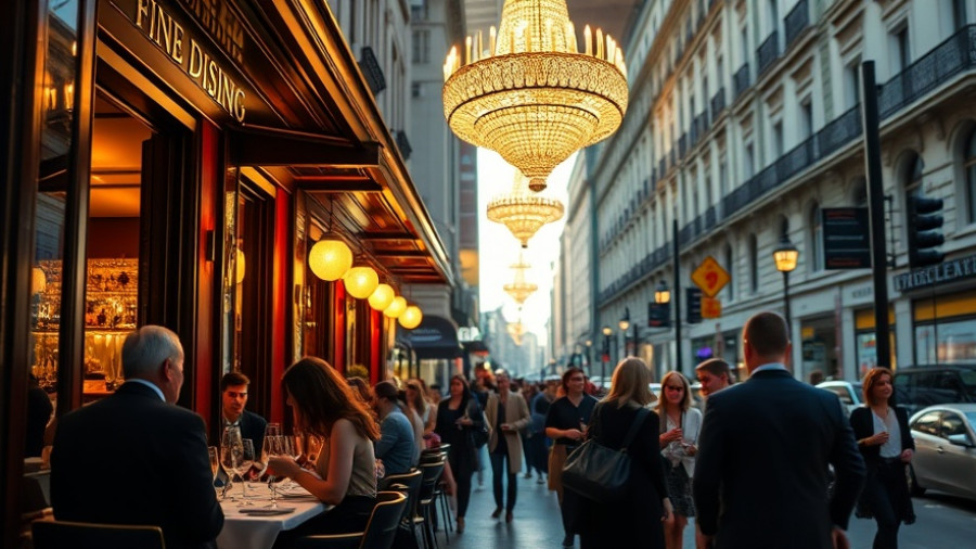 Chic bar with patrons enjoying aperitifs, fine dining setting.